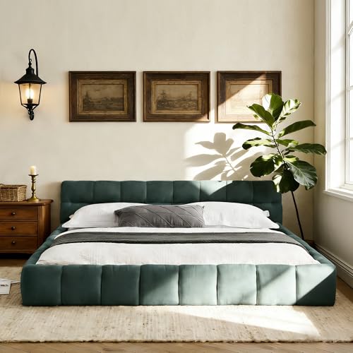 Chenille Fabric Upholstered Platform Bed Frame with Soft Headboard, Modern Low Profile Grounded Design, No Box Spring Needed, Sturdy MDF & Wood Frame, Neutral Style (Blue green, King (U.S. Standard)) - color: Blue Green, size: King (U.S. Standard)