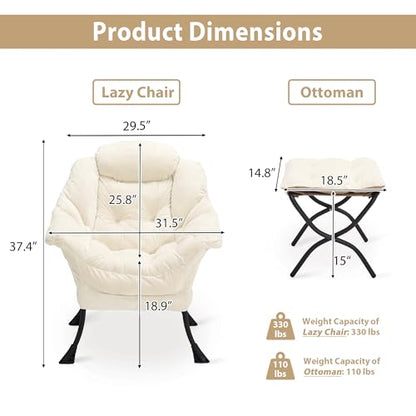 Youtanic Lazy Chair with Folding Ottoman, Accent Chair Plush Upholstered with Metal Structure and Non-Slip Pads, Sofa Armchair with Footrest and Side Storage Bag for Dorm, Room, Office, Beige - color: Plush Beige-f