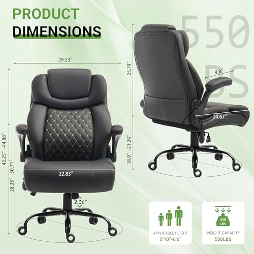 Office Chair, Big and Tall Executive Chair with Air-Lumbar Support, Breathable Desk Computer Chair with Adjustable Flip-up Armrests, Wide Cushion Seat Swivel Home Office Chair - color: Black