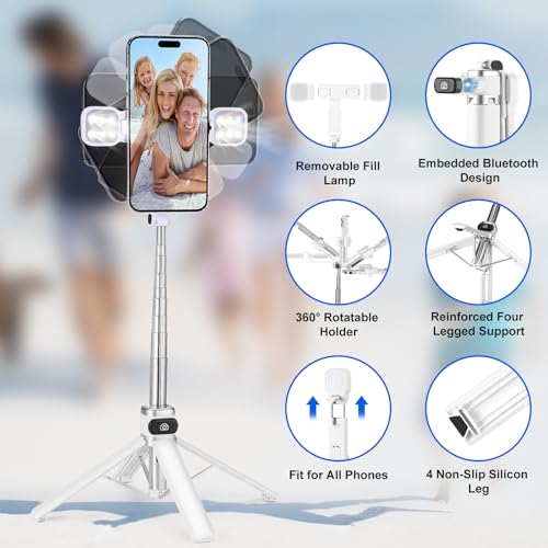 Mini Phone Tripod Stand,MQOUNY 38" Phone Tripod &Selfie Stick with Wireless Rechargeable Remote & Removable Light, Extendable Tripod Stand 360 Rotation Compatible with Phone&Android Samsung (White) - color: White