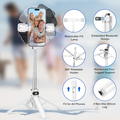 Mini Phone Tripod Stand,MQOUNY 38" Phone Tripod &Selfie Stick with Wireless Rechargeable Remote & Removable Light, Extendable Tripod Stand 360 Rotation Compatible with Phone&Android Samsung (White) - color: White