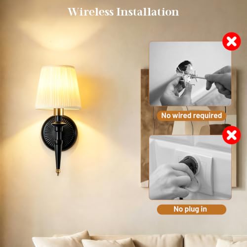 Battery Operated Wall Sconces Set of 2, Wireless Rechargeable Wall Lights with 12 RGB Colors and 3CCT Dimmable, Small Fabric LED Wall Lamps for Bedroom, Living Room, Hallway, Black Gold - color: Black Gold