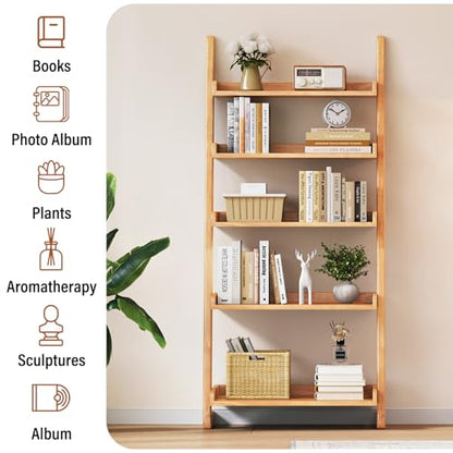 CozyDH Wooden Ladder Shelf,Natural Ladder Bookshelf Narrow 5-Tier,Ladder Shelf Bookcase Storage for Living Room, Bedroom, Home Office,23.6Dx15.7Wx55.1H - color: Natural