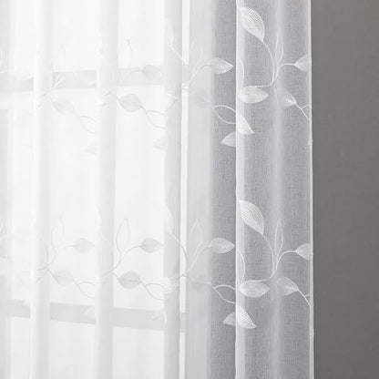 Tollpiz White Leaf Sheer Tier Curtains Leaves Embroidered Kitchen Short Curtain Rod Pocket Voile Bathroom Curtains for Cafe, 30 x 24 inches Long, Set of 2 Panels | Short Curtain Leaves Embroidered Rod Pocket Voile Bathroom Window Treatment for Cafe, Set o