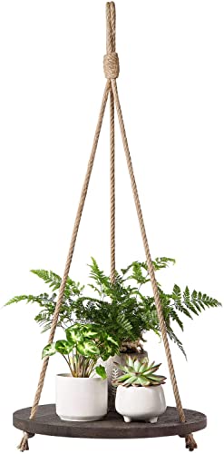 Dahey Plant Hanger Indoor, Round Hanging Plant Shelf Farmhouse Decor, Brown | Sturdy Wood Plant Holder, Jute Rope, Versatile Display, Holds Plants Candles Frames, for Living Room Bedroom Kitchen - color: Brown