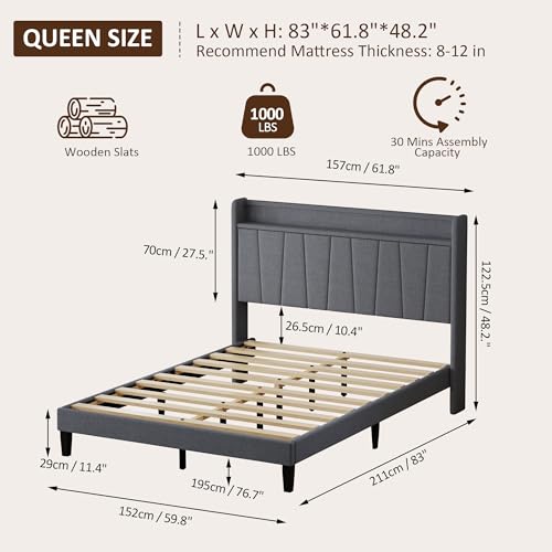 Queen Size Bed Frame with Headboard, Platform Bed with Upholstered Wingback Storage Headboard, Slats Support, No Box Spring Needed Dark Grey