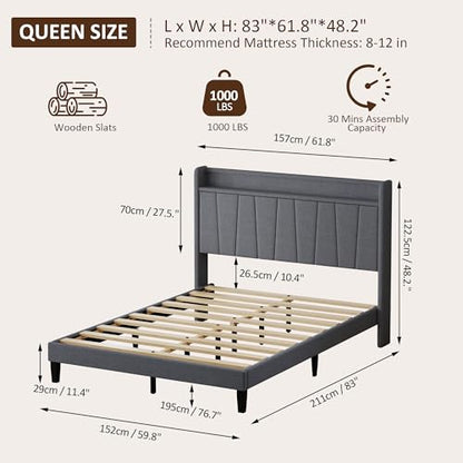 Queen Size Bed Frame with Headboard, Platform Bed with Upholstered Wingback Storage Headboard, Slats Support, No Box Spring Needed Dark Grey