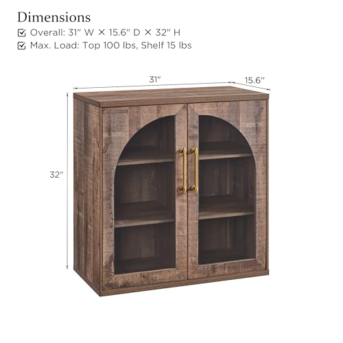 Glass Arched Door Sideboard Buffet Cabinet Set of 2, Rustic Oak | Modular, Multi-Compartment Storage, Adjustable Shelf, Soft Close Hinges, Freestanding, for Dining Room, Living Room - color: Rusti Brown