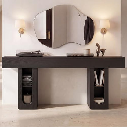 Heavy Duty Console Table with Outlet, Entryway Table, 63 Inch Sofa Table, Black Hallway Table with Storage Shelves for Behind Couch, Living Room, Thick MDF Top - color: Black