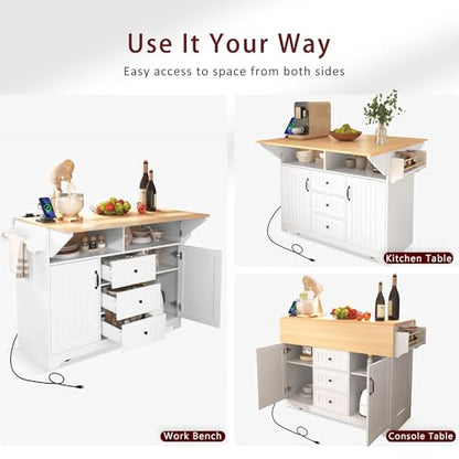 55.7'' Large Kitchen Island with 2 Drop Leaf, Rolling Kitchen Cart on 5 Wheels with Power Outlet, Folding Dining Table with Spice & Towel Rack, 3 Drawers, for Kitchen, Dining Room,White - color: White 2 Drop Leaves, size: 55.7"