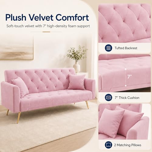 Majnesvon 71" Pink Futon Sofa Bed Couch: Velvet Fabric Memory Foam 2 Pillows Gold Metal Feet Adjustable Tufted Backrest, Convertible Folding Sleeper Loveseat for Living Room Bedroom Apartment (Pink) - color: Pink
