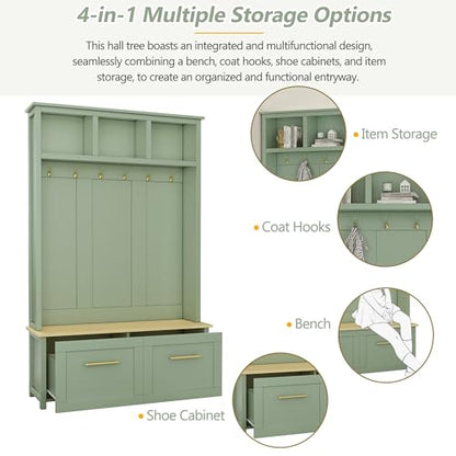 JIVOIT 4-in-1 Entryway Hall Tree with Brown Wood Grain Storage Bench, Wood Entryway Coat Hanger Hall Tree with 6 Golden Hooks, 2 Drawers, Coat Rack for Living Room, Hallway - color: Mint Green/31