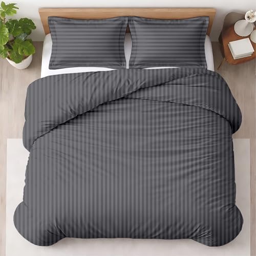 3 Pc Queen Size Duvet Cover Set- 100% Egyptian Cotton 600 TC Ultra Soft Premium Durable Comforter Cover Zipper Closure & Corner Ties (Striped Dark Grey, Queen/Full 90" X 90") - color: 05 - Striped Dark Grey (No Comforter), size: Queen With Two Cases