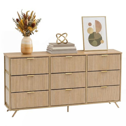 DUMOS Fabric Fluted Dresser, Modern Chest of 9 Fabric Drawers for Bedroom, Large Dressers with Metal Frame & Wooden Top, Storage Organizer Closet for Living Room, Entryway, Natural Oak