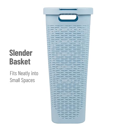 Mind Reader Slim Laundry Hamper with Lid, 40L Clothes Basket, Narrow Tapered Design with Ventilated Cutout Pattern, Plastic, Baby Blue - color: Baby Blue, size: Single
