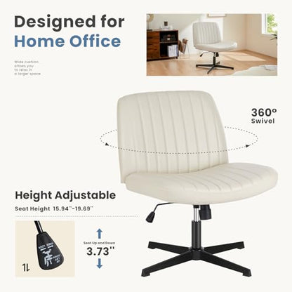 DUMOS Criss Cross Chair No Wheels, Wide Seat Cross Legged Office Desk Vanity Chair, Faux Leather Armless Height Adjustable Swivel Task Computer Chairs for Home, Study, Beige PU - color: Beige Pu