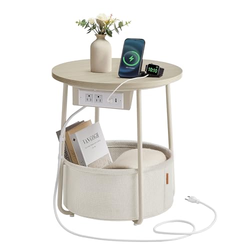 VASAGLE LILEA Collection - Side Table with Charging Station, Round End Table with Fabric Basket, Nightstand with USB Ports, for Living Room, Bedroom, Modern, Cream White ULET228N01 - color: Cream White