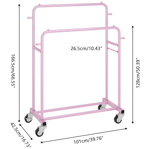 Laiensia Double Rods Garment Rack with Wheels, Clothing Rack for Hanging Clothes,4 Hooks, Multi-Functional Bedroom Clothes Rack, Pink - color: pink
