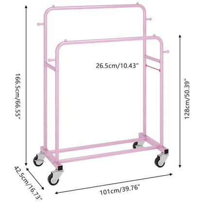 Laiensia Double Rods Garment Rack with Wheels, Clothing Rack for Hanging Clothes,4 Hooks, Multi-Functional Bedroom Clothes Rack, Pink - color: pink
