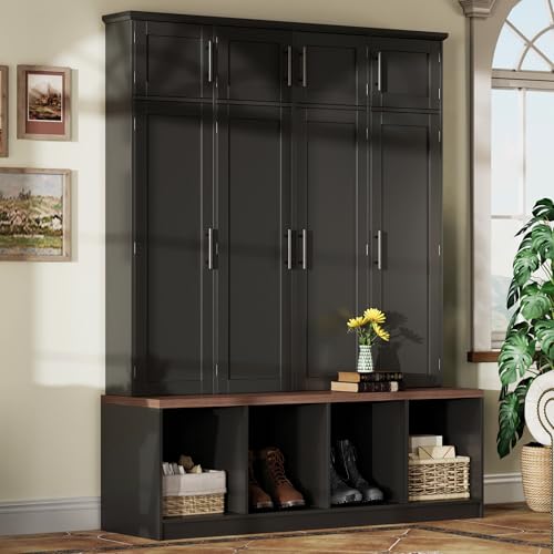 JIVOIT 75" H Farmhouse Hall Tree with Storage, Versatile 4-in-1 Coat Hanger with 4 Hidden Hanging Hooks, 8 Doors, Entryway Shoe Cabinet with Open Compartments for Living Room (Black//23) - color: Black//23