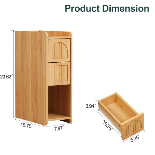 Narrow Nightstand Set of 2, Wooden Small 2 Drawer Nightstand, Slim Side End Table, Skinny Bedside Table, Mid Century Modern Night Stand with Drawers for Bedroom (Yellowish Natural) - color: Yellowish Natural