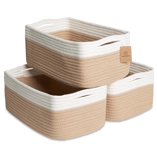 NaturalCozy 13.5”x8.5”x5.5” Storage Baskets for Shelves 3 Pack | Cotton Rope Woven Small Baskets for Organizing | Small Storage Bins for Nursery, Bathroom, Closet, Cube Shelf, Decorative, Gift - color: Off White & Tan Brown, size: 13.5" x 8.5" x 5.5"