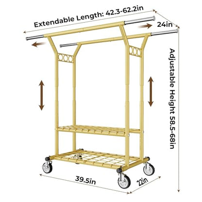 HYSEYY Heavy Duty Clothes Rack, Rolling Clothing Racks With Shelves Load 620 LBS, Double Rod Clothing Racks for Hanging Clothes, Portable& Adjustable Clothes Rack with Wheels Garment Rack,Gold - color: Gold