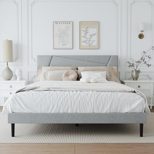 Full Size Upholstered Bed Frame Frame with Headboard，Velvet Gray | Geometric Head Board Platform Bed, Sturdy Wooden Slats, Noiseless No Box Spring Required, Easy to Assemble - color: Light Gray, size: Full