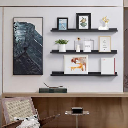 MBYD 36 Inch Picture Ledge Shelf with Lip Modern Black Floating Photo Shelves Natural Wood Set of 3 Same Sizes Frames Albums Display Shelf for Bedroom Bathroom Living Room Kitchen - color: Black, size: Set of 3 36 in