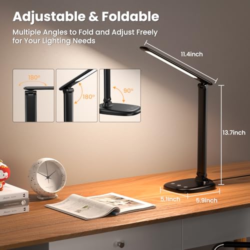 Desk Lamp with Charger, 10%-100% Stepless Dimmable & 5 Color Modes Study Lamp, Touch Control, 30-/60-minute Timer, USB Charging Output Port, CRI≥90, Eye-Caring Foldable LED Desk Lamps for Home Office - color: Black-US