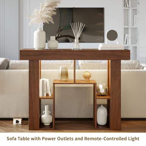 43.3" Console Table with Charging Station & USB-C Port, Behind Couch Sofa Table with LED Lights Narrow Entryway Table for Entrance Living Room Hallway Foyer, Walnut - color: Walnut