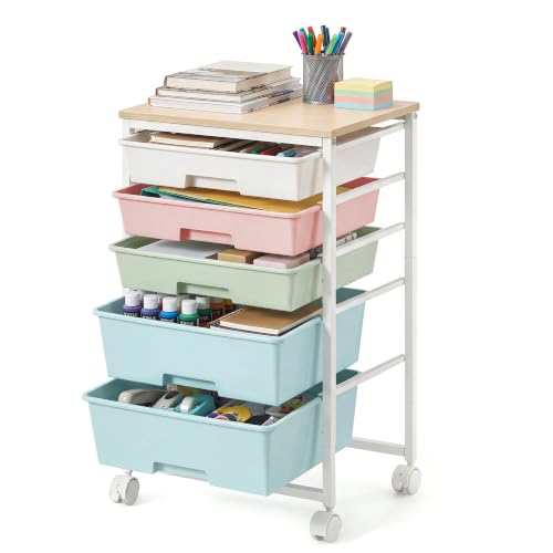 VASAGLE 5-Drawer Rolling Storage Cart, Mobile Organizer Trolley with Wood Top and Metal Frame, for Craft Room, Office, 15.6 x 11.2 x 24.8 inch, Multicolor, BENCO Collection ULRC005X101 - color: Multicolor, size: 5 Drawer
