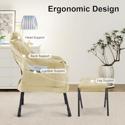 Lazy Chair with Ottoman Comfy Accent Lounge Chair with Side Pocket Cozy Chair Modern Reading Armchair with Footrest Upholstered Sofa Chair for Small Spaces Living Room Dorm Bedroom Khaki - color: Khaki