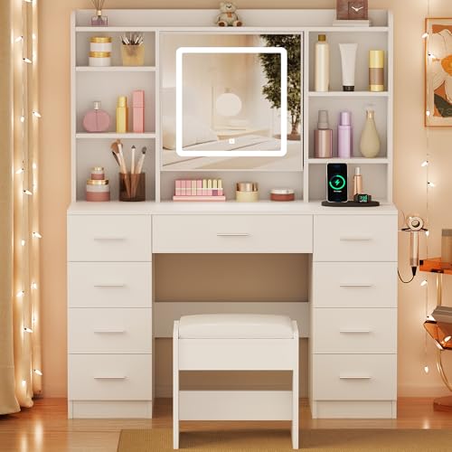 BEWISHOME Vanity Desk with Jewelry Storage,Power Outlet and Cushioned Stool | Makeup Vanity Table with Smart LED Mirror,3 Colors,Dressing Table with 9 Drawers and 6 Shelves for Bedroom Girls White