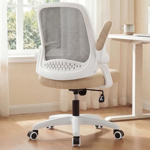 NEO CHAIR Office Desk Chair, Ergonomic Mesh with Flip-Up Armrests, Beige | Lumbar Support, Height Adjustment, 360° Swivel and Rolling Base, Space-Saving Design for Home Office, Vanity or Study - color: Beige