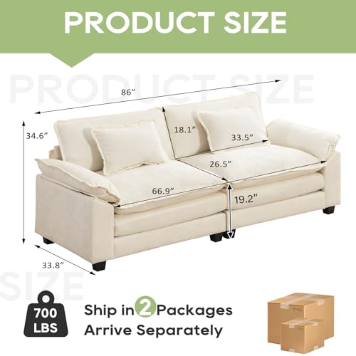 86" Modular Sectional Sofa, Comfy Loveseat Deep Cloud Couch | Couches for Living Room, Modular Couch, Deep and Wide Seat, Chenille Sofa Sleeper with Throw Pillows, Beige White - color: Beige White, size: 86 Inch