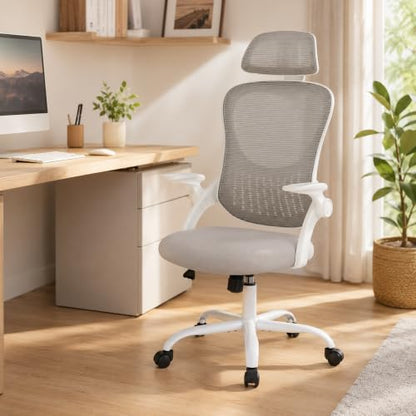 Grey Ergonomic Office Chair, High Back Mesh Desk Chair with Adjustable Headrest Lumbar Support, Computer Chairs with Flip-up Armrests and Thickened Cushion for Adults Home Office, 360° Swivel - color: Grey With Headrest
