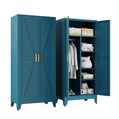 71" Tall Metal Armoire Wardrobe Closet with Hanging Rod and 3 Adjustable Shelves,Blue Storage Cabinet,Steel Wardrobe for Bedroom Garage Laundry Room Office Apartment Amployees,6 Tier,1 Pack - color: Blue, size: 17.7"D x 31.5"W x 71"H-1