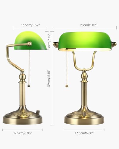 Green Stepless Dimmable Glass Bankers Desk Lamp | Table Lamp Plug in Fixture for Study, Office, LED Bulb Included - color: Green-Dimmable