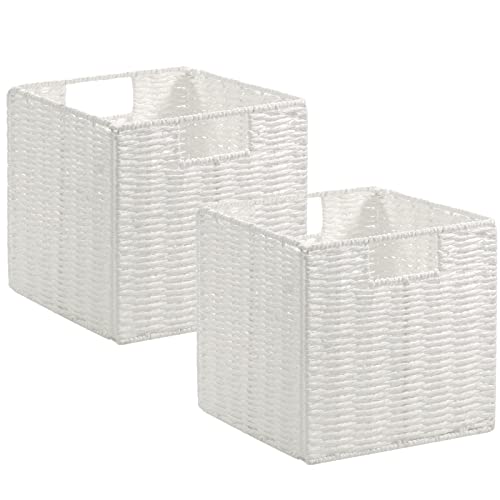 Wicker Storage Basket, Set of 2 Hand-Woven Wicker Baskets for Organizing, Foldable Cube Storage Basket Bins, 13 Inch Large Wicker Storage Baskets for Shelves & Decor, White (13''x13''x13'') - color: White, size: 13'' x 13'' x 13''