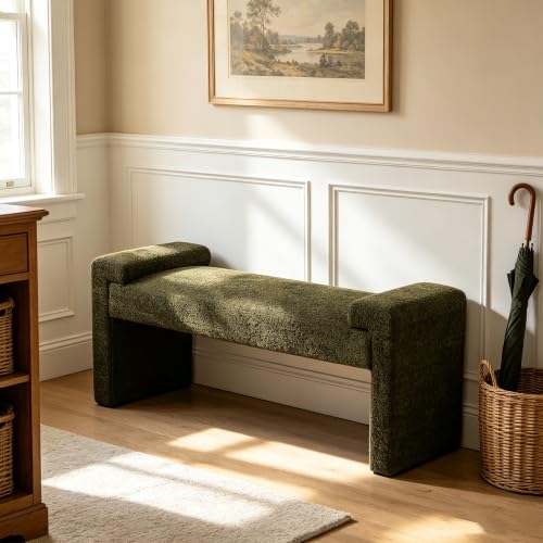 Upholstered Entryway Bench, 43" Modern Bedroom Bench, Green | Sherpa Fleece, Curved Armrests, Solid Wood Frame, End of Bed, Bedroom, Living Room, Hallway - color: Green-sherpa, size: 43"