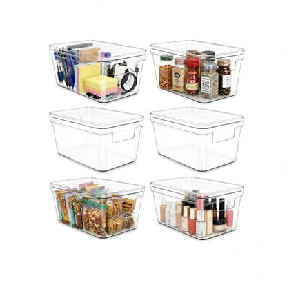 MOONEDGE 6-Pack 10x6x5 Stackable Small Clear Storage Bins with Lids | Plastic small item organizer containers with handles for vanity, craft, office, fridge, kitchen, pantry, bathroom and closet - size: 6 pack