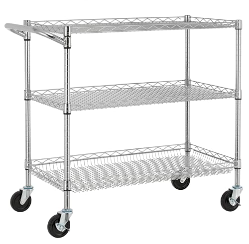 Finnhomy 3 Tier Heavy Duty Commercial Grade Utility Cart, Wire Rolling Cart with Pushing Handle Bar, Steel Metal Kitchen Service Trolly with Wheels, Shelf Size 18" D x 36" W, NSF, Chrome - size: 36"L x 18"W x 35.4"H-3 Tier, style: Chrome Cart