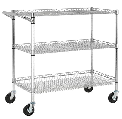 Finnhomy 3 Tier Heavy Duty Commercial Grade Utility Cart, Wire Rolling Cart with Pushing Handle Bar, Steel Metal Kitchen Service Trolly with Wheels, Shelf Size 18" D x 36" W, NSF, Chrome - size: 36"L x 18"W x 35.4"H-3 Tier, style: Chrome Cart