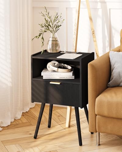 Black Nightstand with Outlet,Modern Bedside Table with Storage Drawer and Open Wood Shelf, for Living Room, Bedroom and Small Spaces, Accent Night Stand with Solid Wood Legs, Easy Assembly - color: Black-outlet