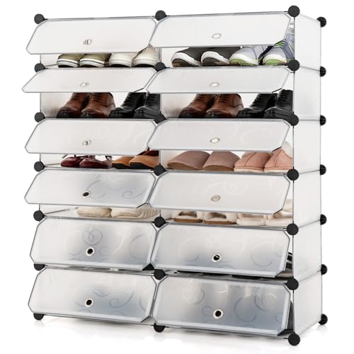 HAPPYGRILL Shoe Rack Organizer, 12-Cube Modular Plastic Shoes Storage Cabinet with 6-Tier Shoe Shelves & Transparent Doors, DIY Design, Freestanding Shoe Cabinet for 24 Pairs Shoes (White) - color: White