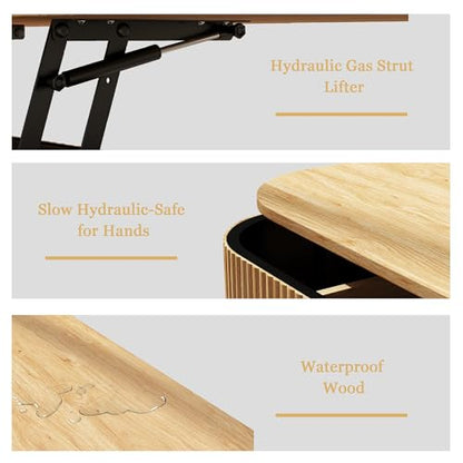 Fluted Lift Top Coffee Table with Hidden Storage, Oval Coffee Table with Lifting Top, Mid Century Modern Design for Living Room, Office & Small Spaces, Natural - color: Natural