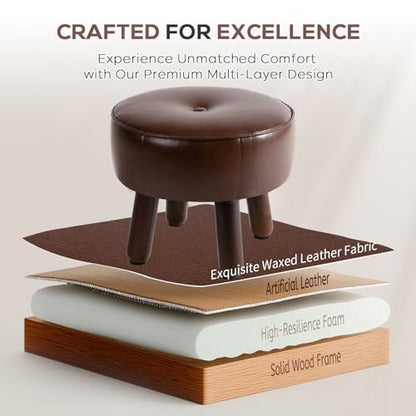 Small 13" Foot Stool Ottoman, Round Pouf Foot Rest, Faux Leather Footstool | Small Foot Stool with Rubber Legs Under Desk, Footrest for Couch, Living Room Bedroom Office, 13''L x 13''W x 10.2''H, Coffee - color: Coffee