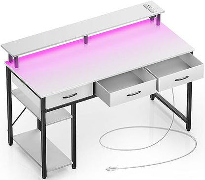 Rolanstar Computer Desk with Power Outlets & LED Light, 55 inch Home Office Desk with Drawers and Storage Shelves, Writing Desk with Monitor Stand, Modern Work Study Desk for Home Office, White