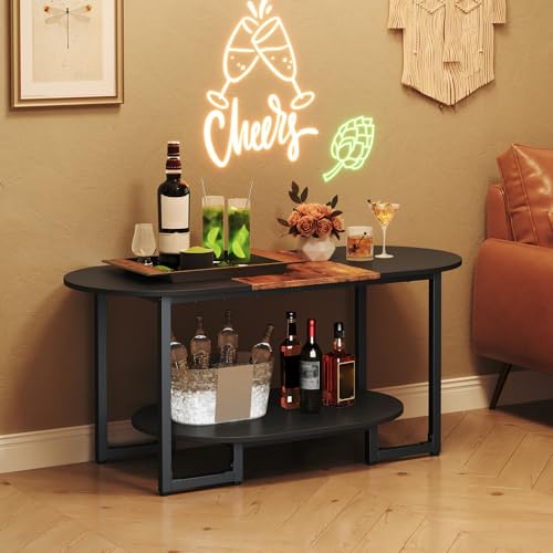 HOOBRO Coffee Table for Living Room, Oval Small Coffee Table with 2-Tier Open Storage Shelf, Industrial Cocktail Tea Table, Wooden Desktop Center Table, Home Office, Rustic Brown and Black BFK09KF01 - color: Rustic Brown and Black
